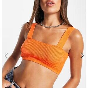 COLLUSION Knitted Bralette Chunky Rib Bright Orange Size 6